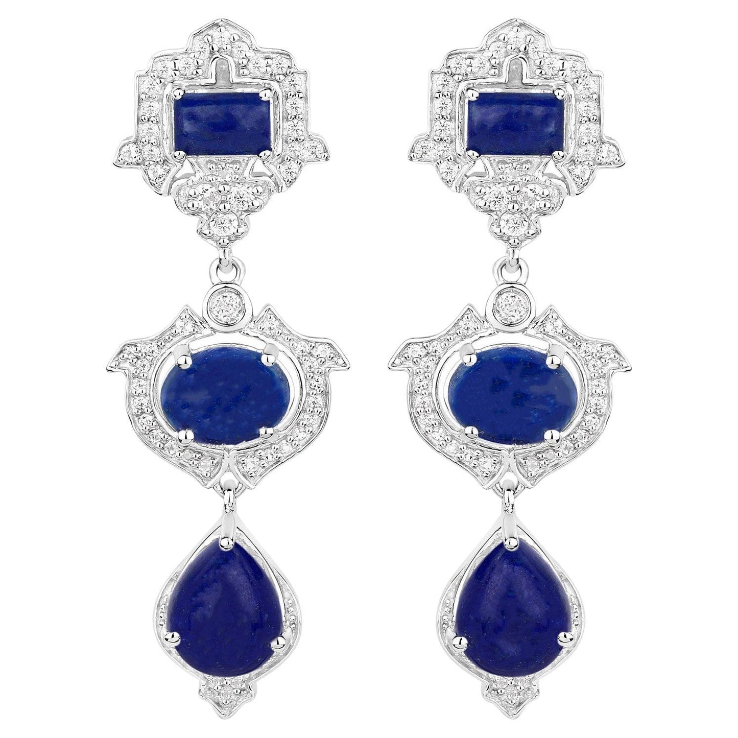 Lapis Dangle Earrings White Topaz 9.3 Carats Sterling Silver