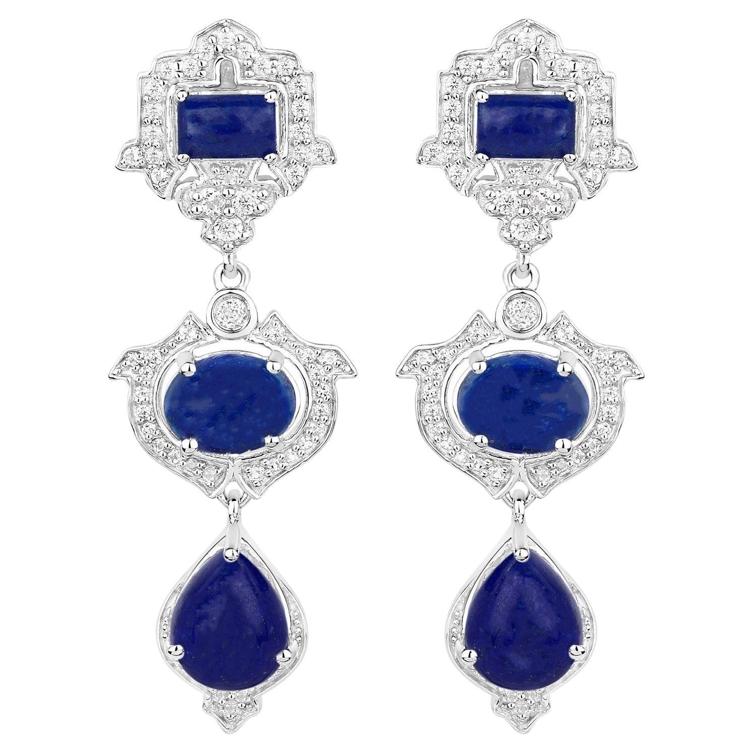 Lapis Dangle Earrings White Topaz 9.3 Carats Sterling Silver