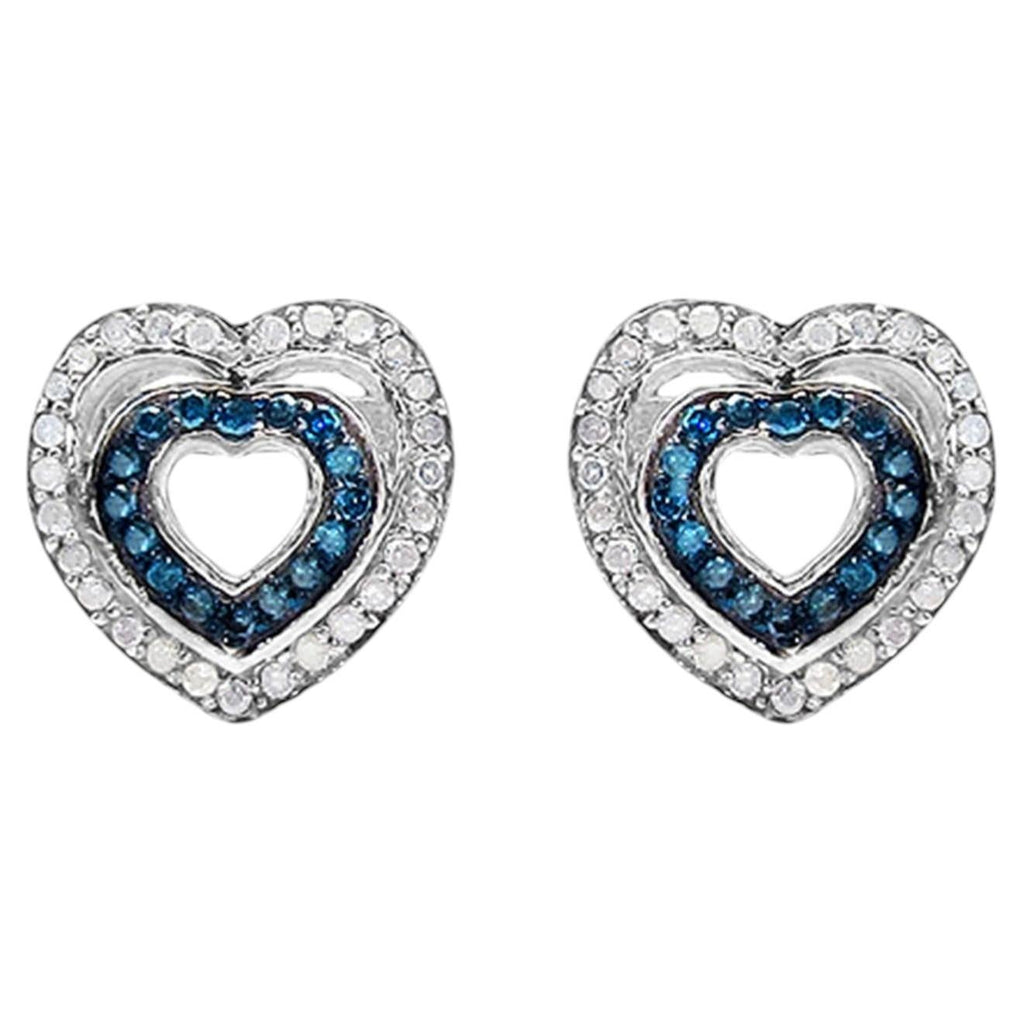 Blue and White Diamond Heart Earrings 0.42 Carats Sterling Silver