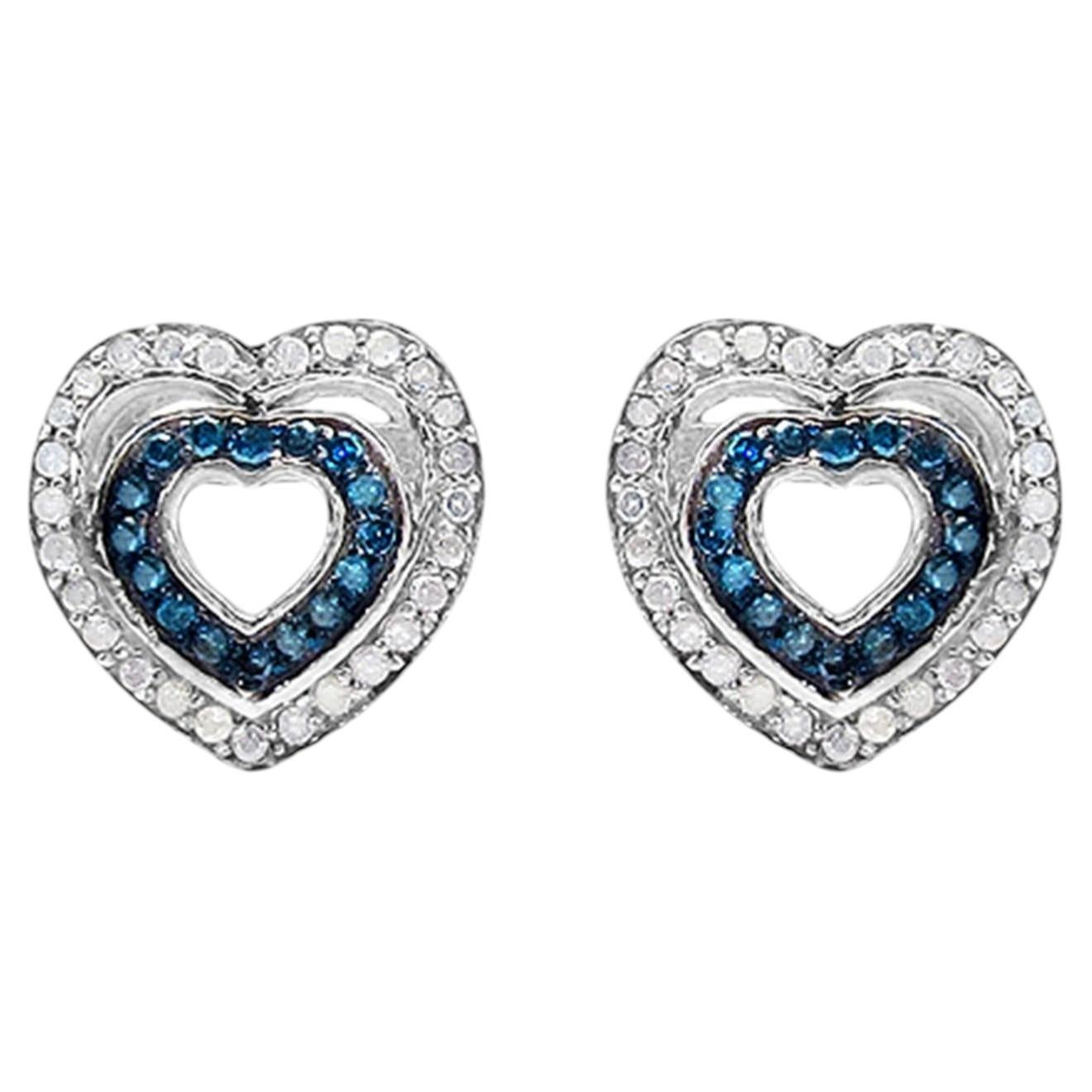 Blue and White Diamond Heart Earrings 0.42 Carats Sterling Silver