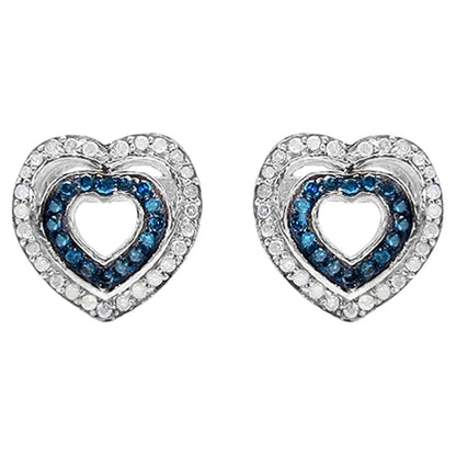 Blue and White Diamond Heart Earrings 0.42 Carats Sterling Silver