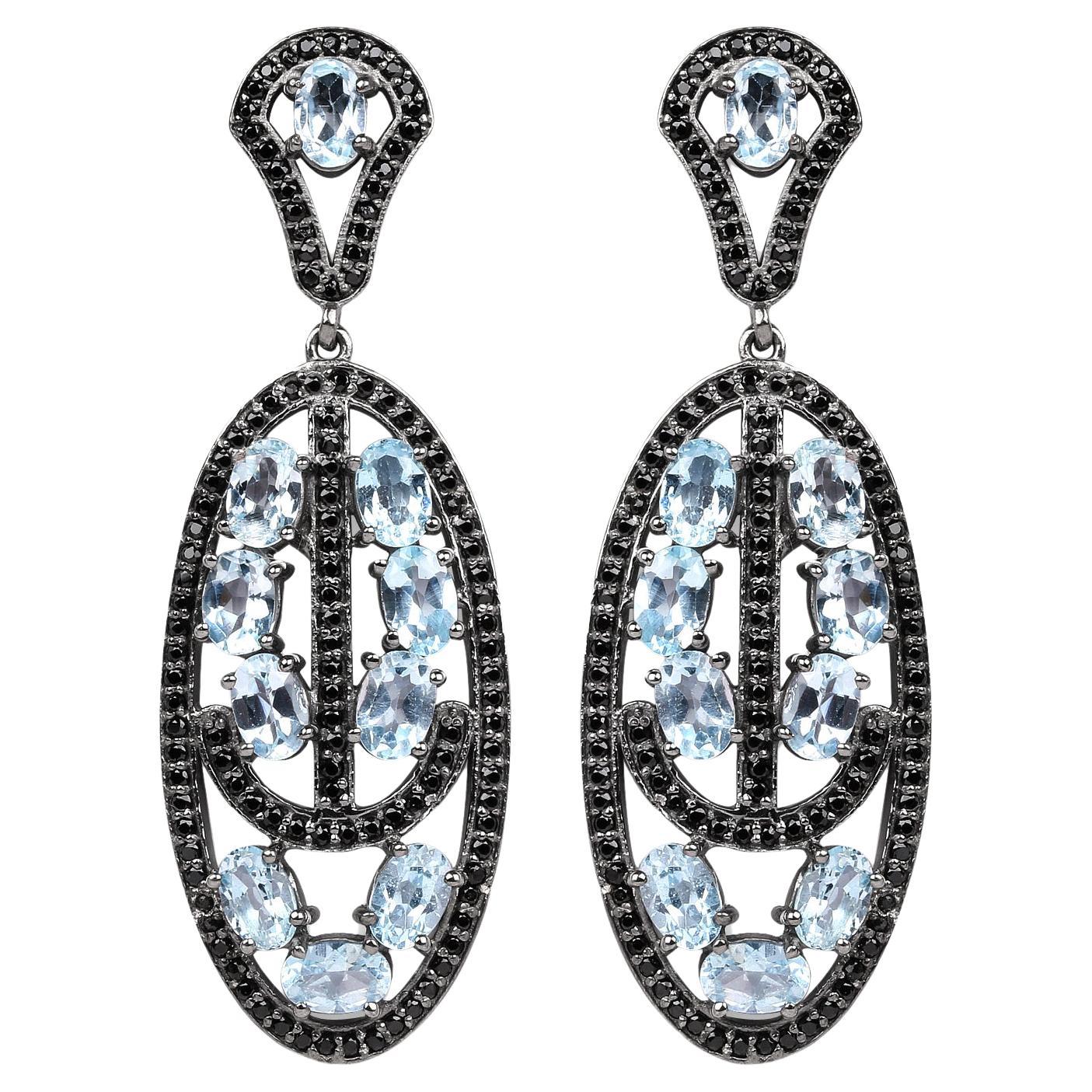Blue Topaz Dangle Earrings With Black Spinels 13.9 Carats Rhodium Plated Silver