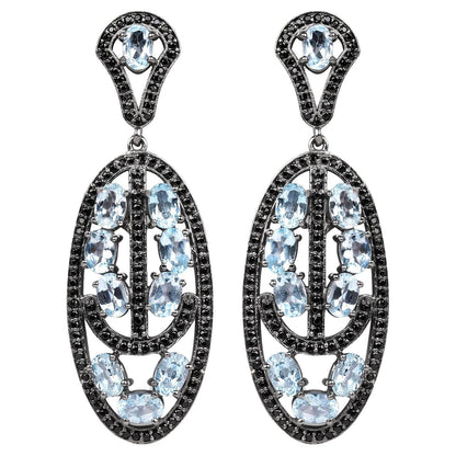 Blue Topaz Dangle Earrings With Black Spinels 13.9 Carats Rhodium Plated Silver