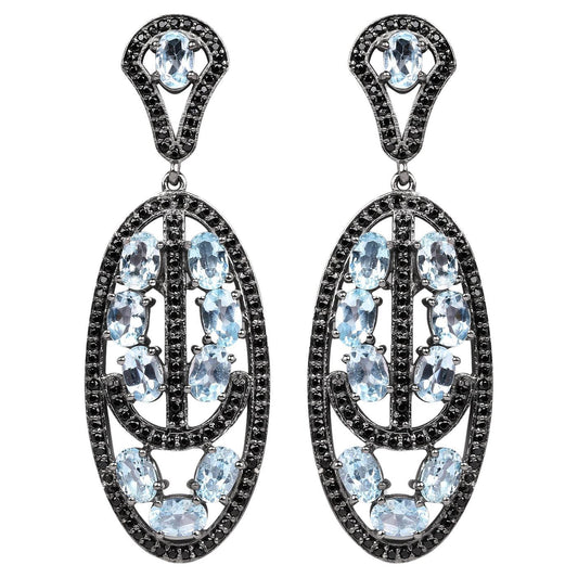 Blue Topaz Dangle Earrings With Black Spinels 13.9 Carats Rhodium Plated Silver