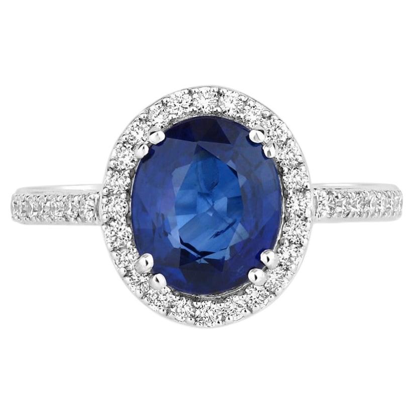 Blue Sapphire Ring With Diamonds 3.06 Carats 18K White Gold