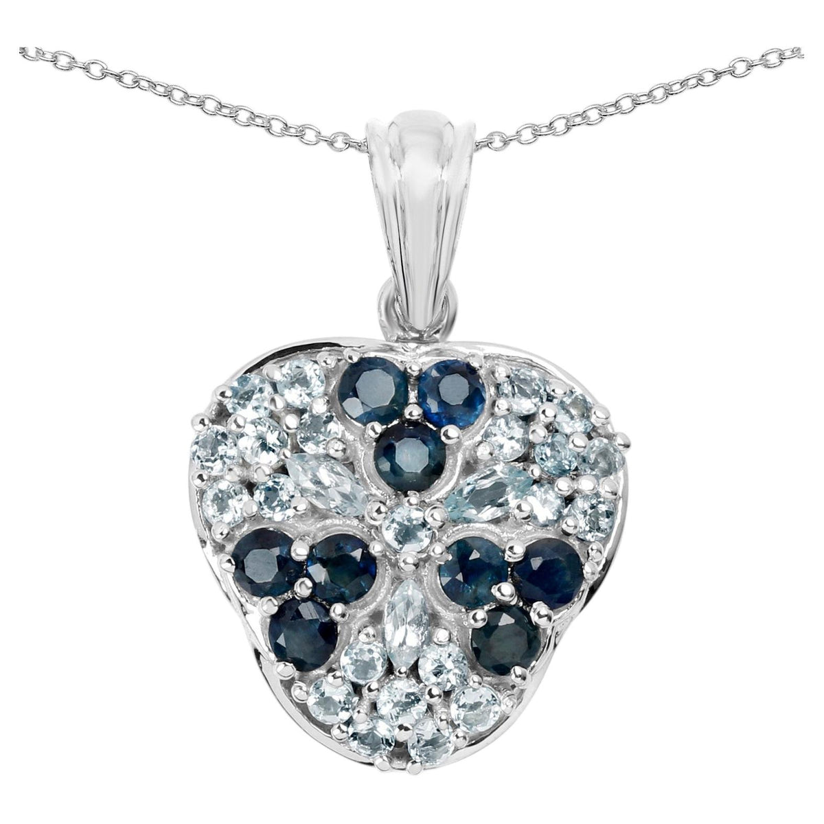 Blue Sapphire Flower Pendant With Aquamarine 2.66 Carats Sterling Silver