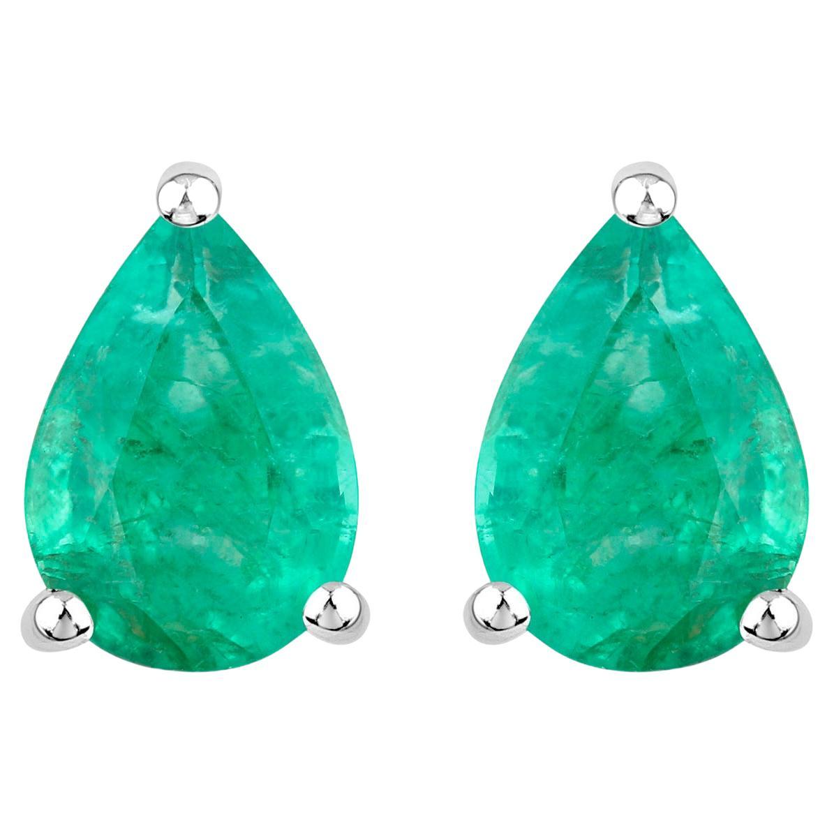 Zambian Emerald Stud Earrings 1.2 Carats 14K White Gold