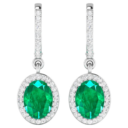 Zambian Emerald Dangle Earrings Diamond Setting  2.35 Carats 14K White Gold