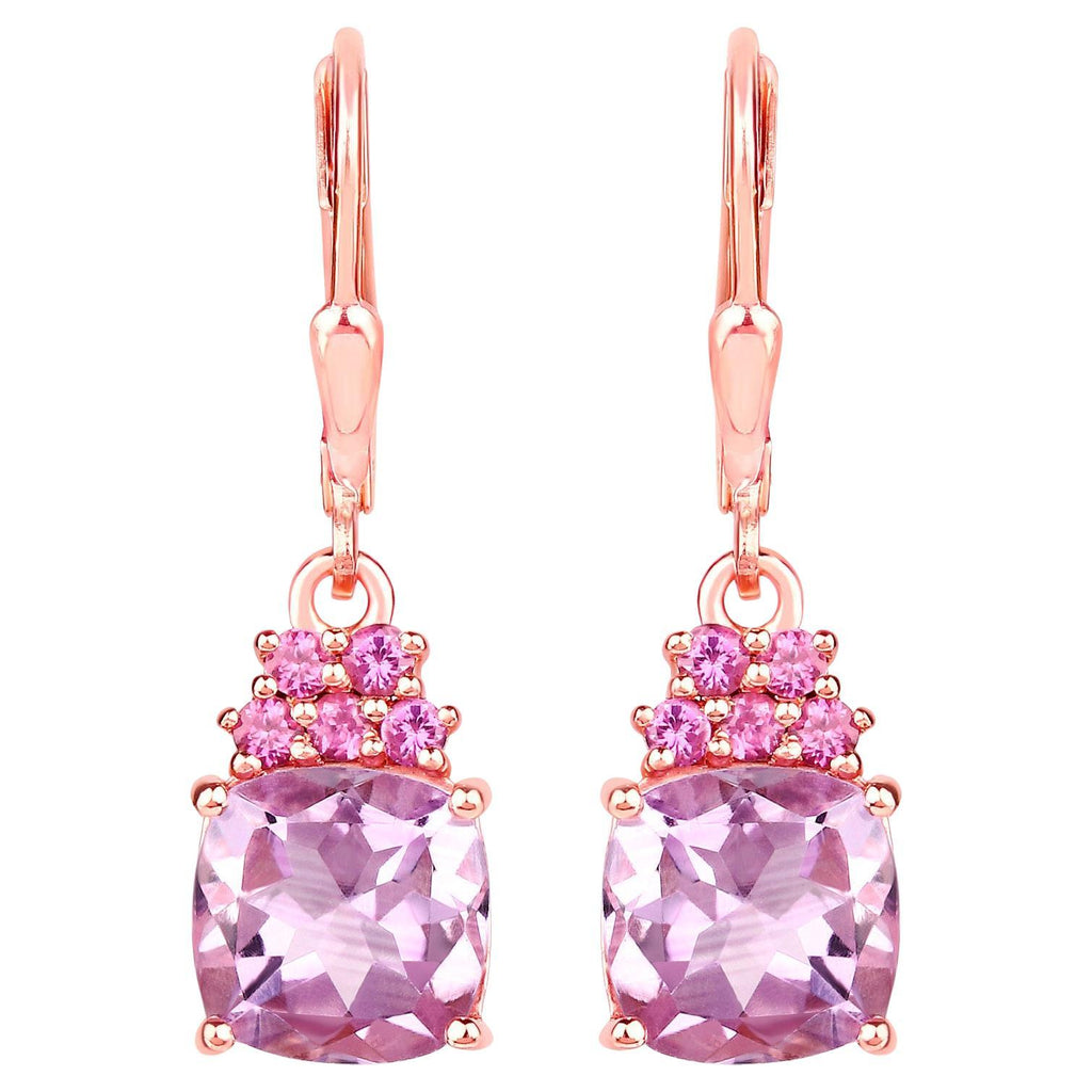 Pink Amethyst Dangle Earrings With Rhodolites 4.90 Carats Rose Gold Plated