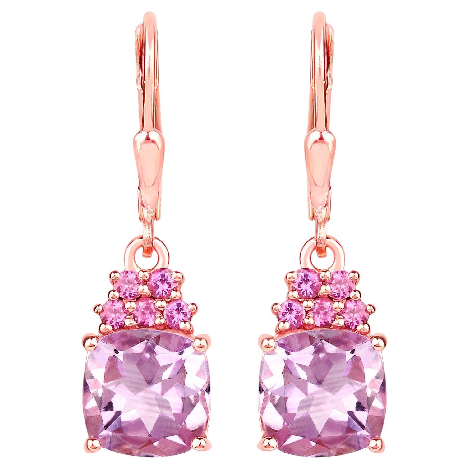 Pink Amethyst Dangle Earrings With Rhodolites 4.90 Carats Rose Gold Plated