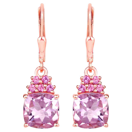 Pink Amethyst Dangle Earrings With Rhodolites 4.90 Carats Rose Gold Plated