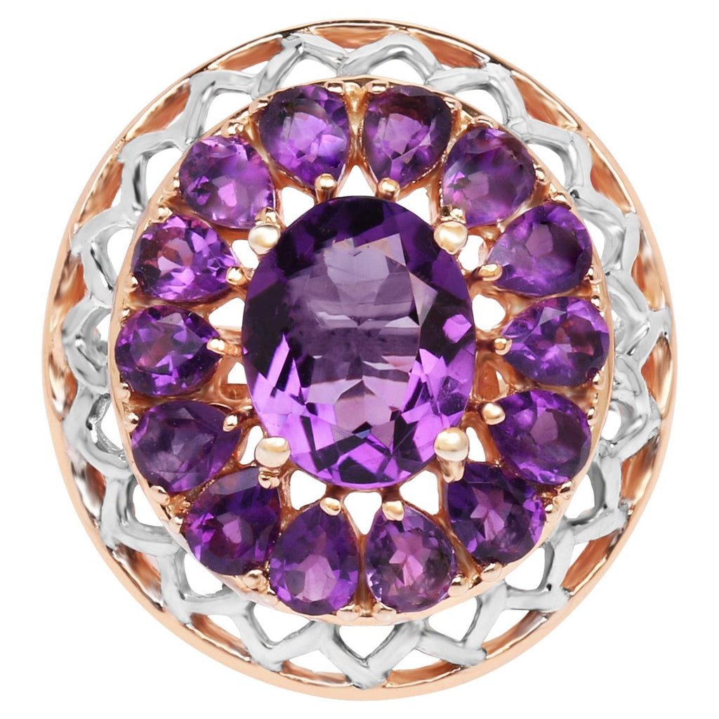 Amethyst Flower Cocktail Ring 4.29 Carats 14K Rose Gold Plated Silver