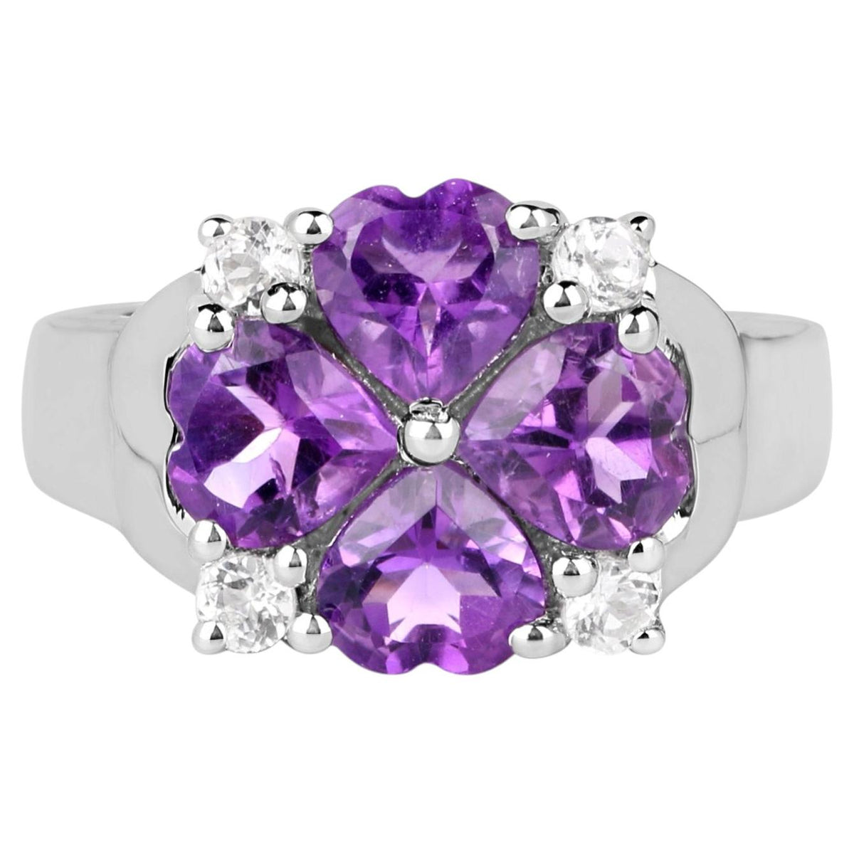 Amethyst Heart Ring With White Topaz 3.08 Carats Sterling Silver