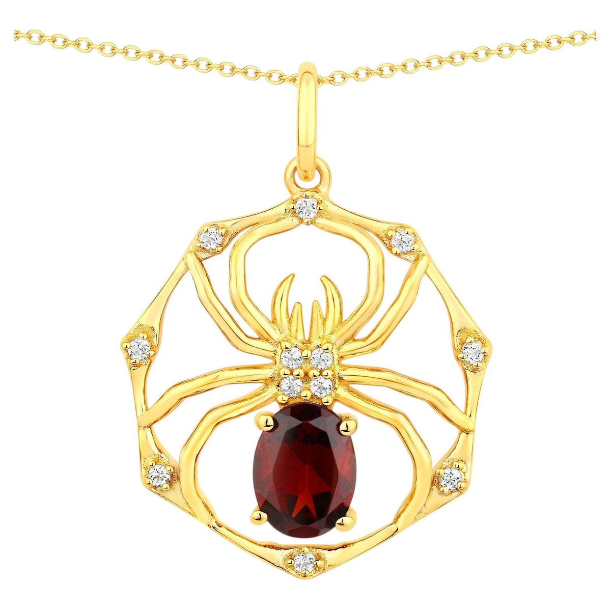 Garnet Spider Pendant With White Topaz 1.4 Carats Gold Plated Silver