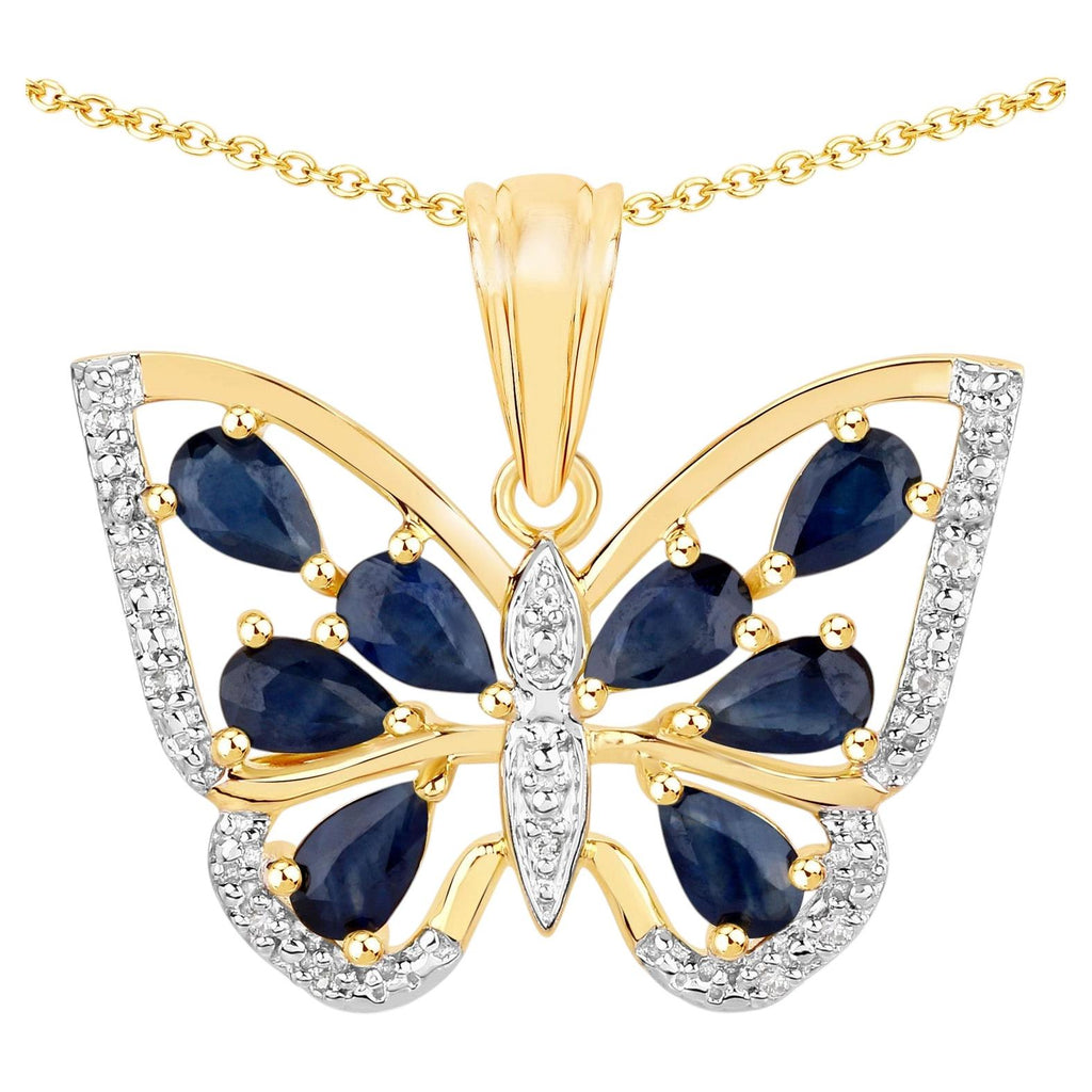 Blue Sapphire Butterfly Pendant With White Zircon 1.63 Carats Gold Plated Silver