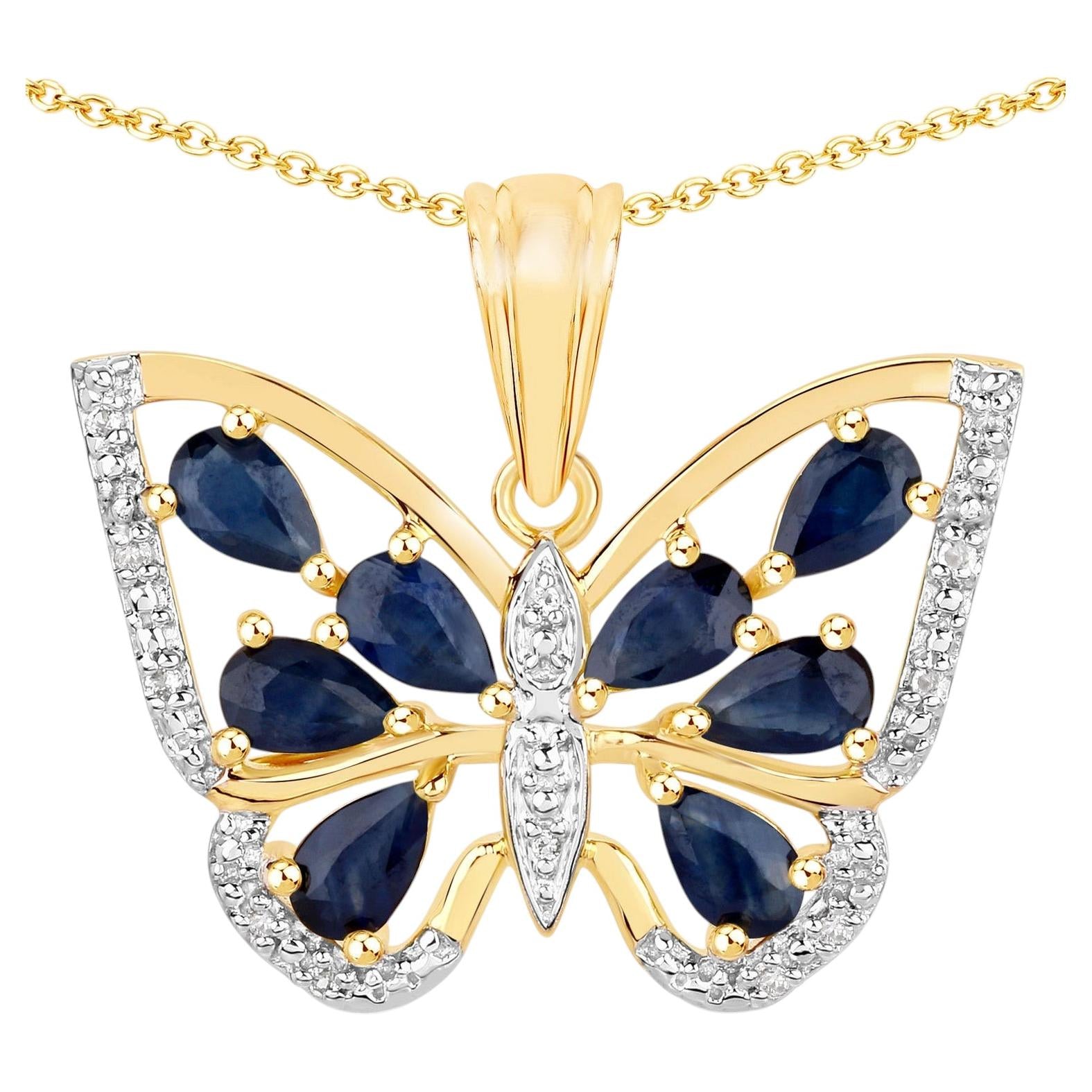 Blue Sapphire Butterfly Pendant With White Zircon 1.63 Carats Gold Plated Silver
