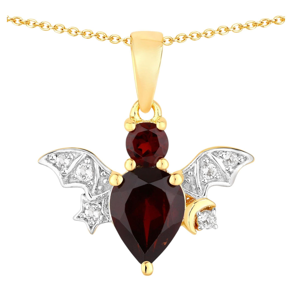 Garnet Bat Pendant With White Topaz 1.55 Carats Gold Plated Silver