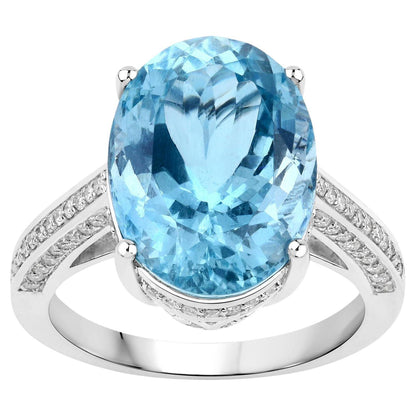 Aquamarine Ring With Diamonds 8.80 Carats 14K White Gold