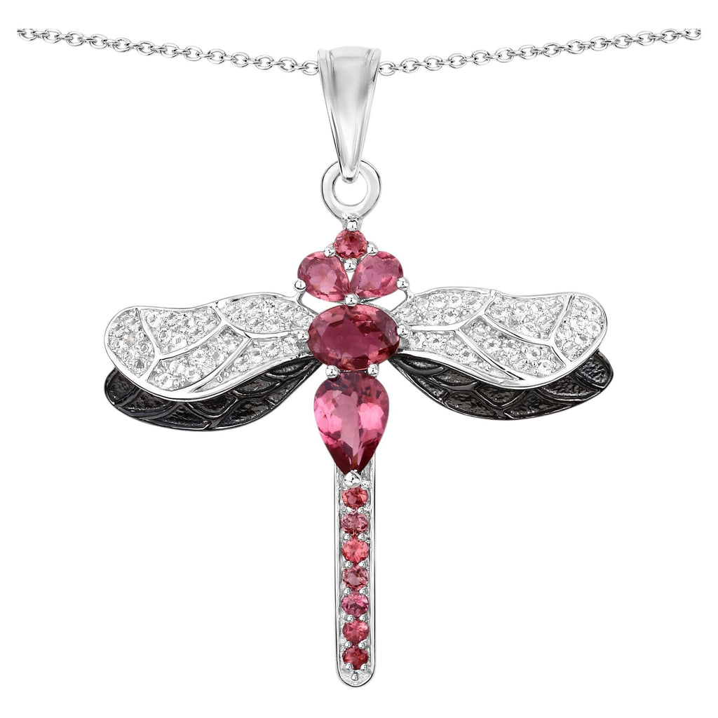 Pink Tourmaline Dragonfly Pendant White Topaz 1.86 Carats Sterling Silver