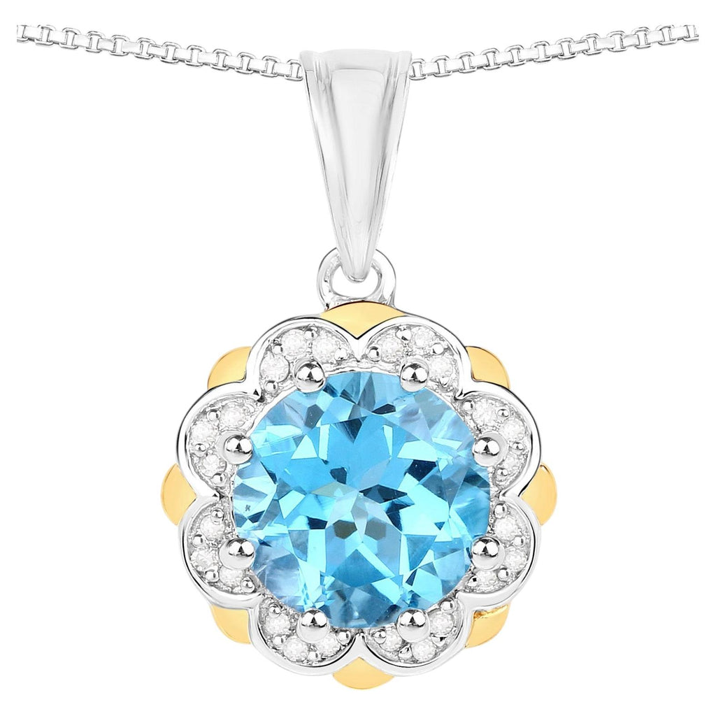 Swiss Blue Topaz Pendant With Diamonds 2.3 Carats 14K Gold and Sterling Silver