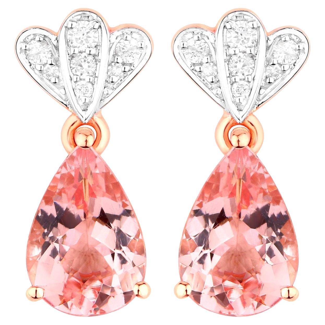 Morganite Drop Earrings Diamond Setting 3.04 Carats 14K Rose Gold
