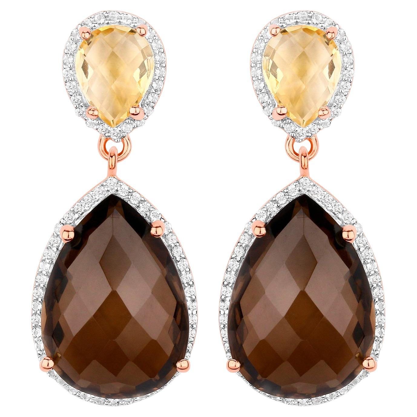 Smoky Quartz Dangle Earrings Citrine 20.7 Carats 18K Rose Gold Plated Silver