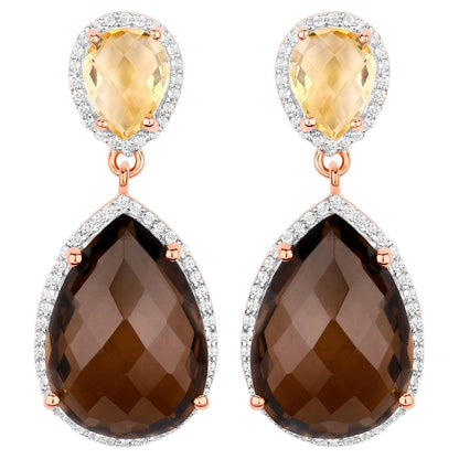 Smoky Quartz Dangle Earrings Citrine 20.7 Carats 18K Rose Gold Plated Silver