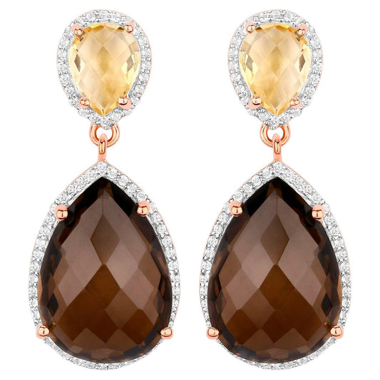 Smoky Quartz Dangle Earrings Citrine 20.7 Carats 18K Rose Gold Plated Silver