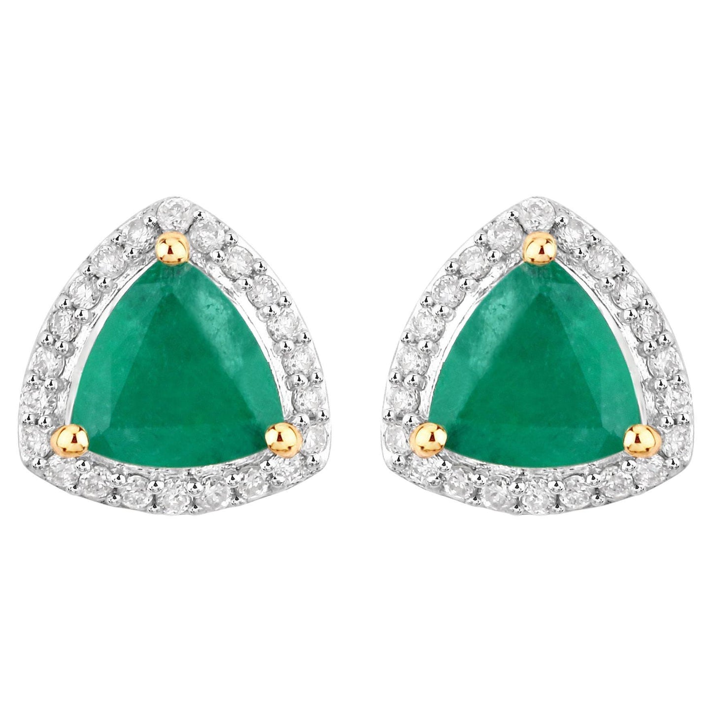 Natural Zambian Emerald and Diamond Halo Stud Earrings  14K Yellow Gold