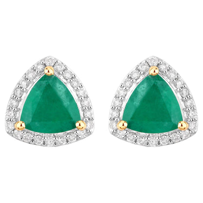 Natural Zambian Emerald and Diamond Halo Stud Earrings  14K Yellow Gold