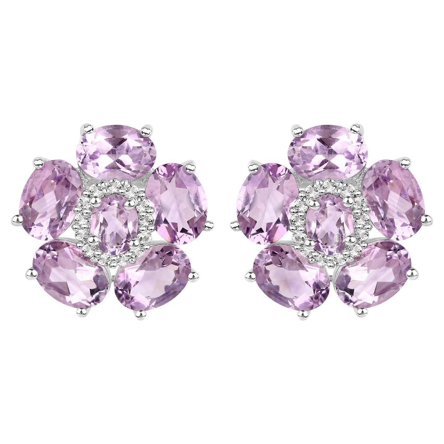 Pink Amethyst Floral Earrings 7.7 Carats 18K White Gold Plated Sterling Silver