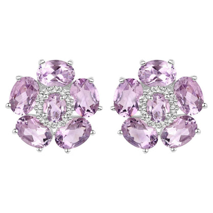 Pink Amethyst Floral Earrings 7.7 Carats 18K White Gold Plated Sterling Silver