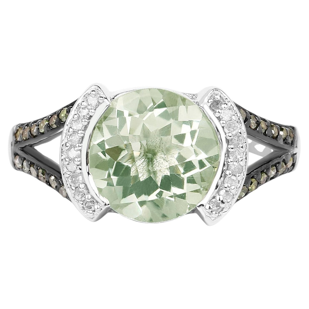 Green Amethyst Ring With Multicolor Diamonds 3.54 Carats Sterling Silver
