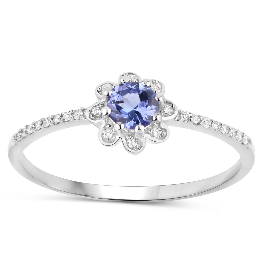 Tanzanite Flower Ring With Diamonds 0.28 Carats 14K White Gold