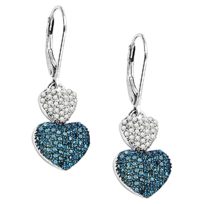 Blue and White Diamond Heart Earrings 0.82 Carats Sterling Silver