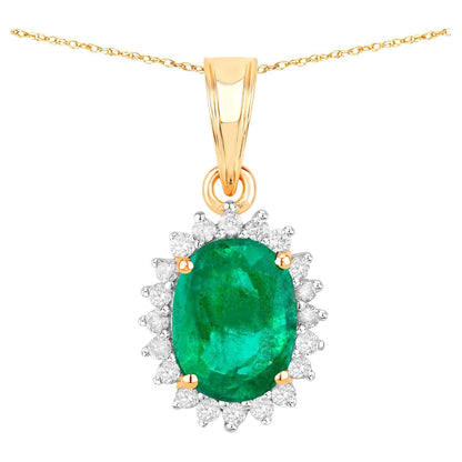 Zambian Emerald Pendant Necklace Diamonds 1.35 Carats 10K Yellow Gold