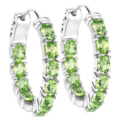 Natural Peridot Hoop Earrings 3.4 Carats Rhodium Plated Silver