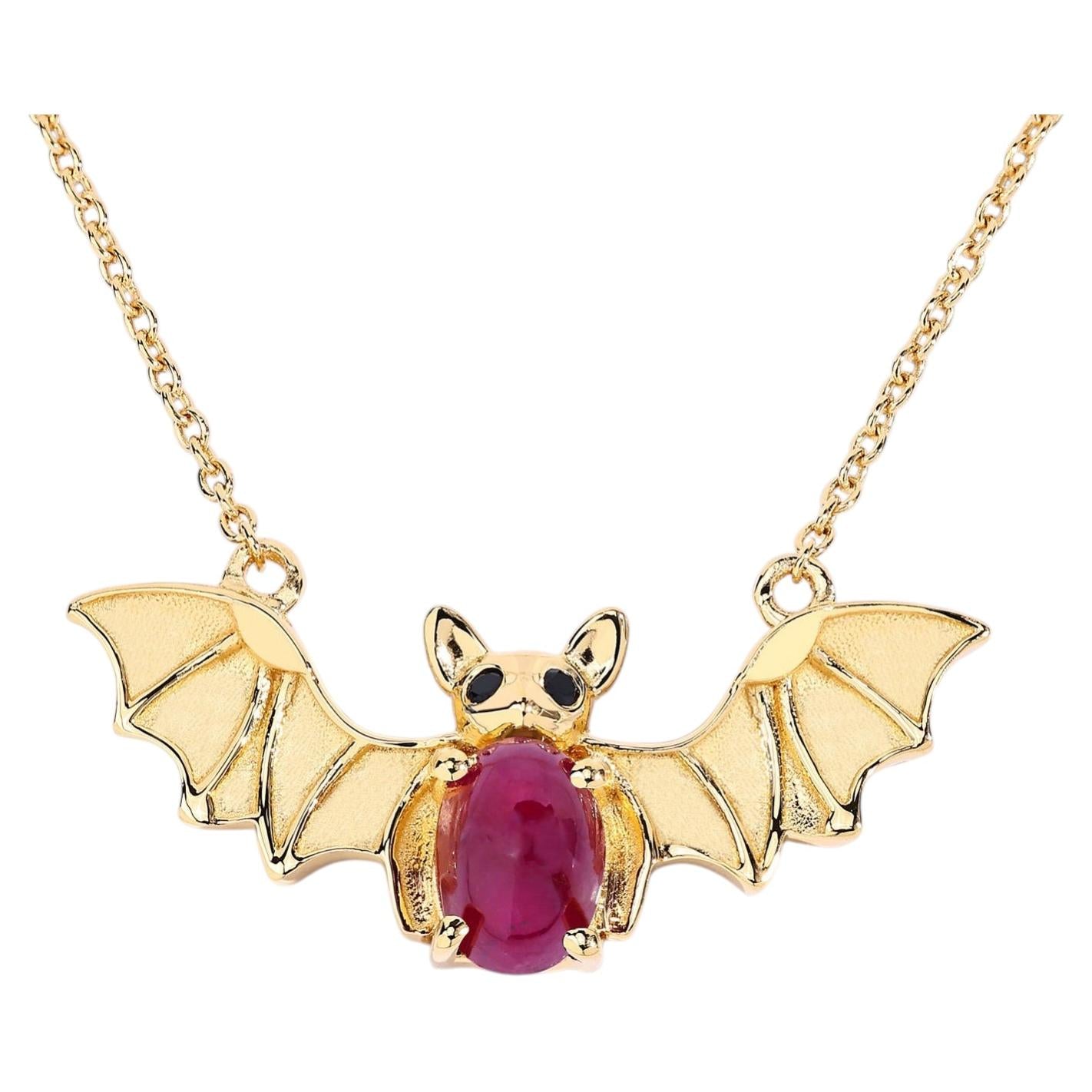 Ruby Bat Necklace With Black Spinel 1.16 Carats Gold Plated Silver