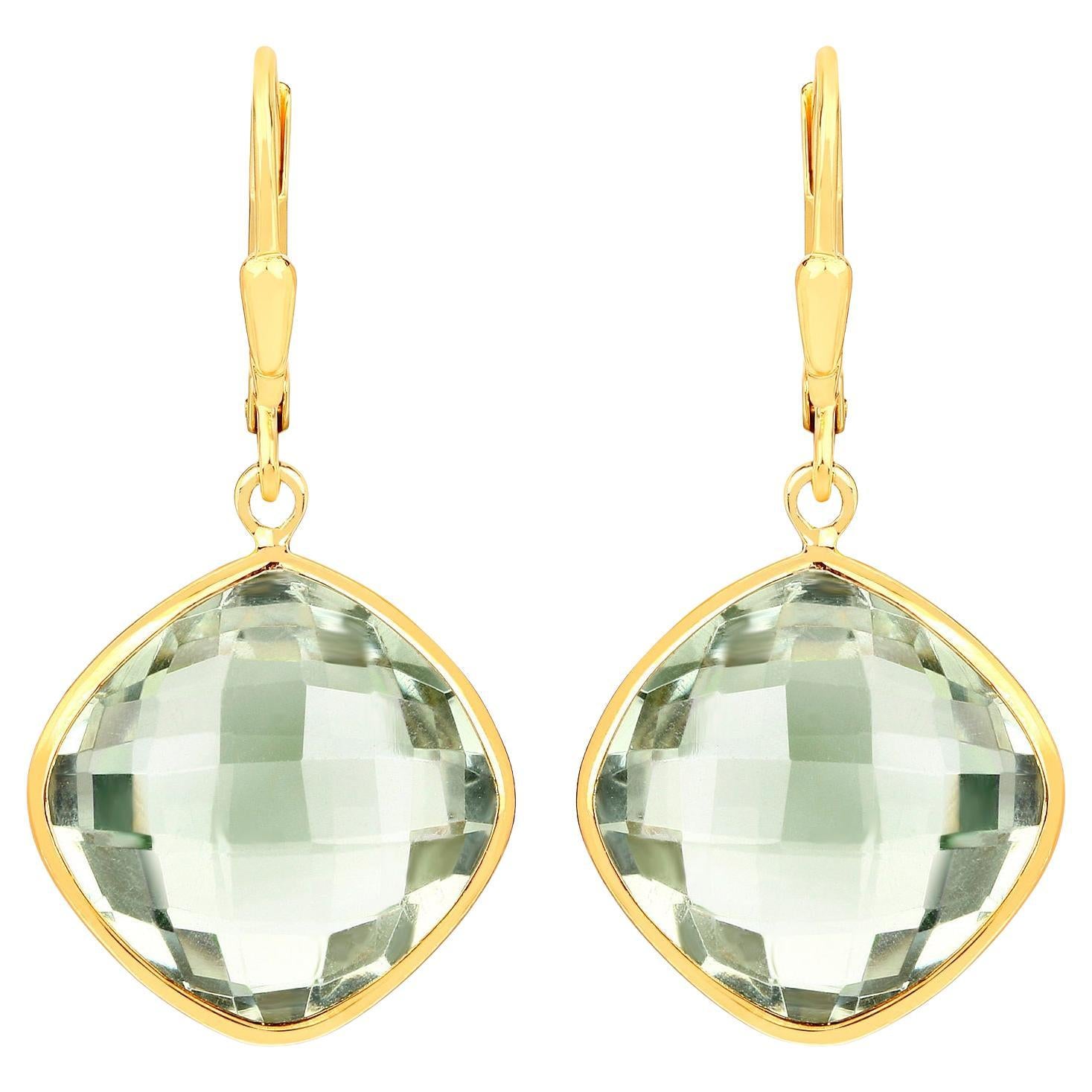 Green Amethyst Earrings 19.5 Carats 18K Yellow Gold Plated Silver