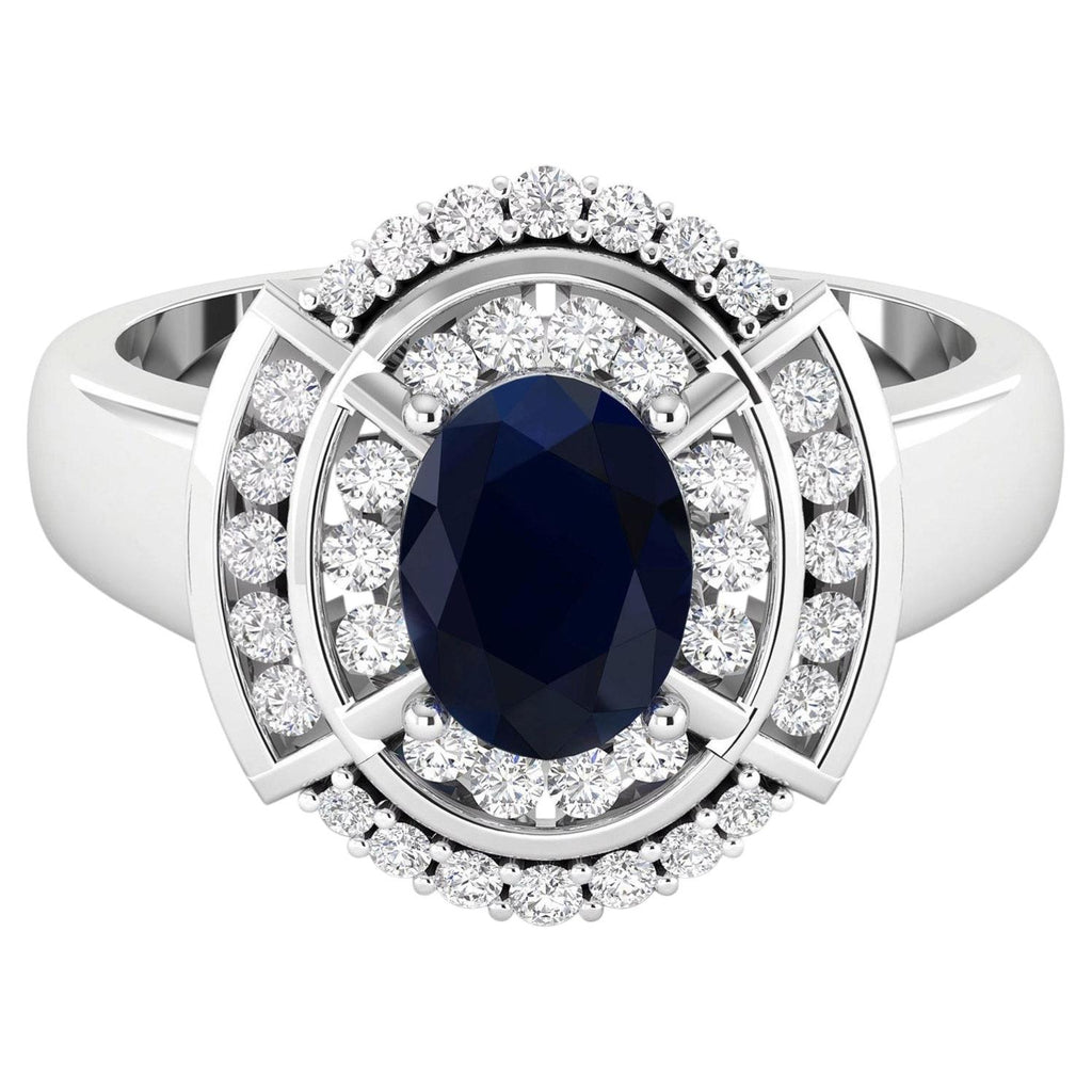 Blue Sapphire Ring With Diamonds 1.72 Carats 14K White Gold