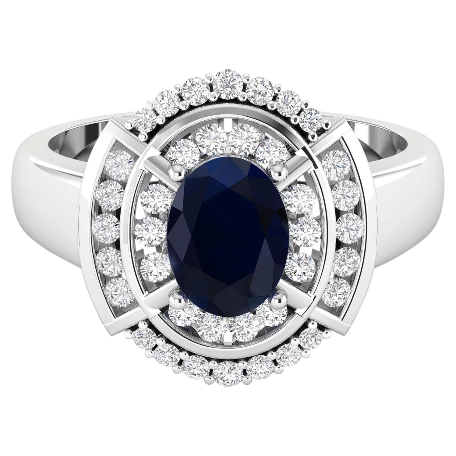 Blue Sapphire Ring With Diamonds 1.72 Carats 14K White Gold