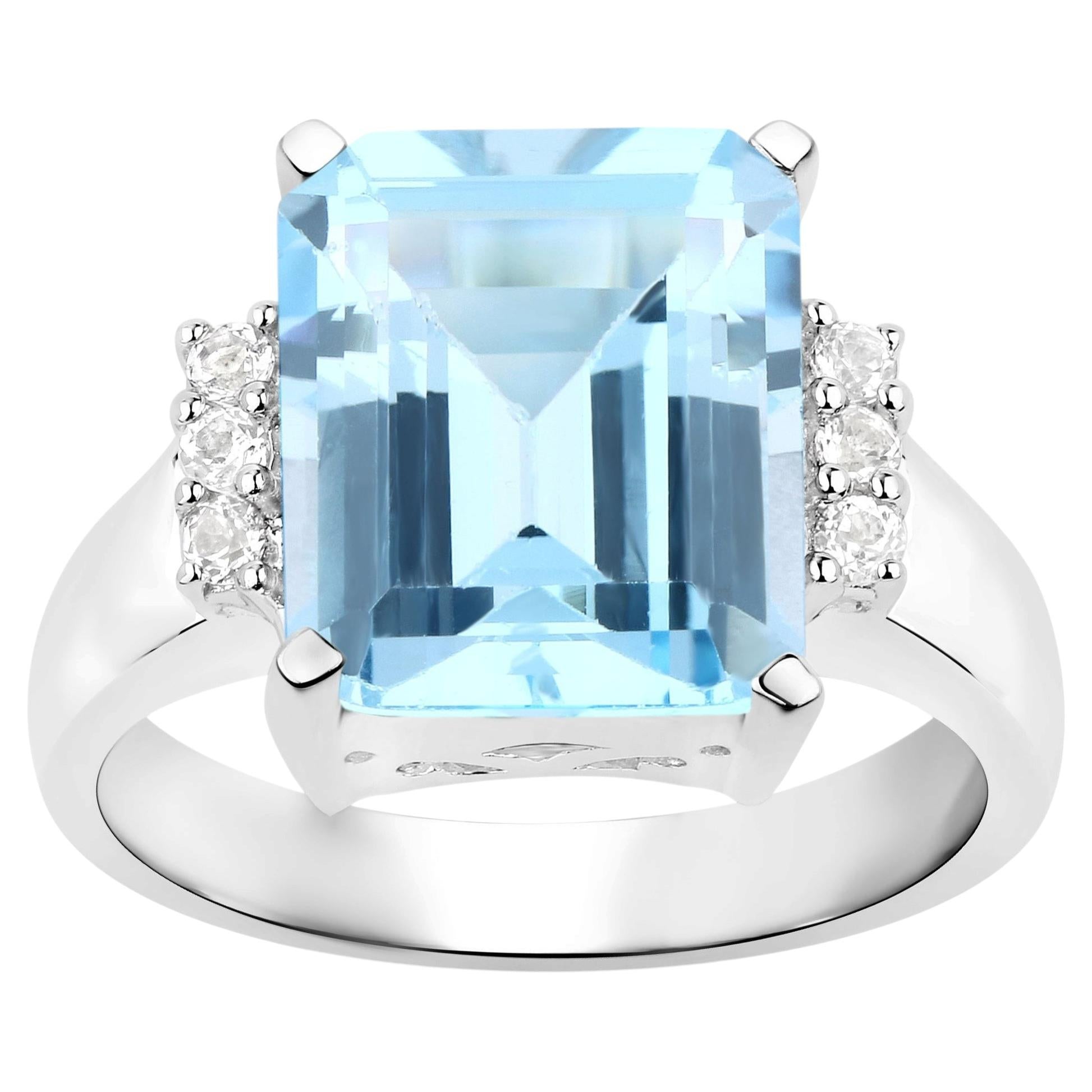 Blue Topaz Ring With White Topaz 4.86 Carats Sterling Silver