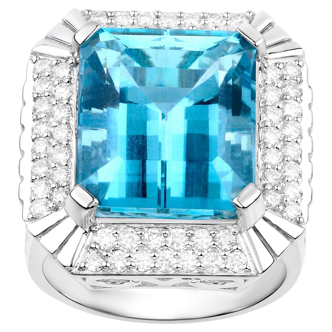 Aquamarine Ring With Diamonds 13.8 Carats 14K White Gold