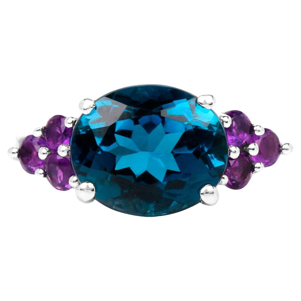 London Blue Topaz Cocktail Ring Amethyst Setting 6.65 Carats