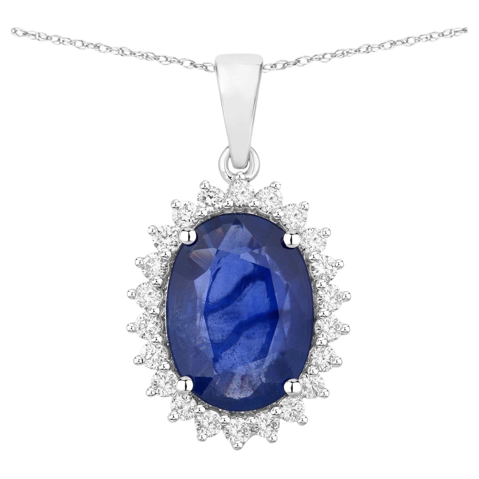 Blue Sapphire Pendant With Diamonds 3.3 Carats 18K White Gold