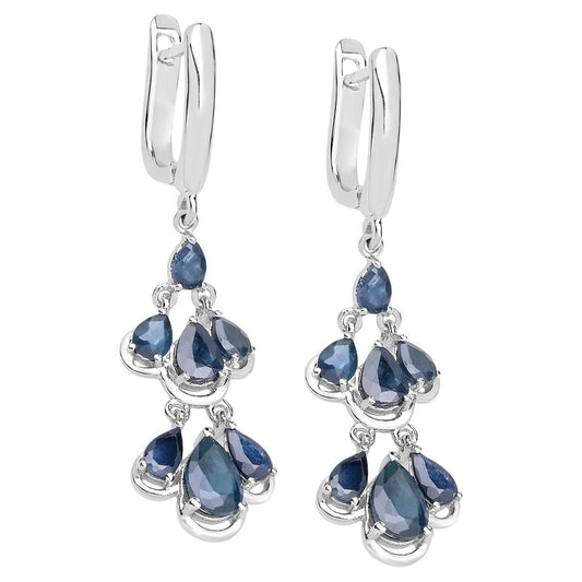 Blue Sapphire Chandelier Earrings 4.1 Carats Rhodium Plated Silver