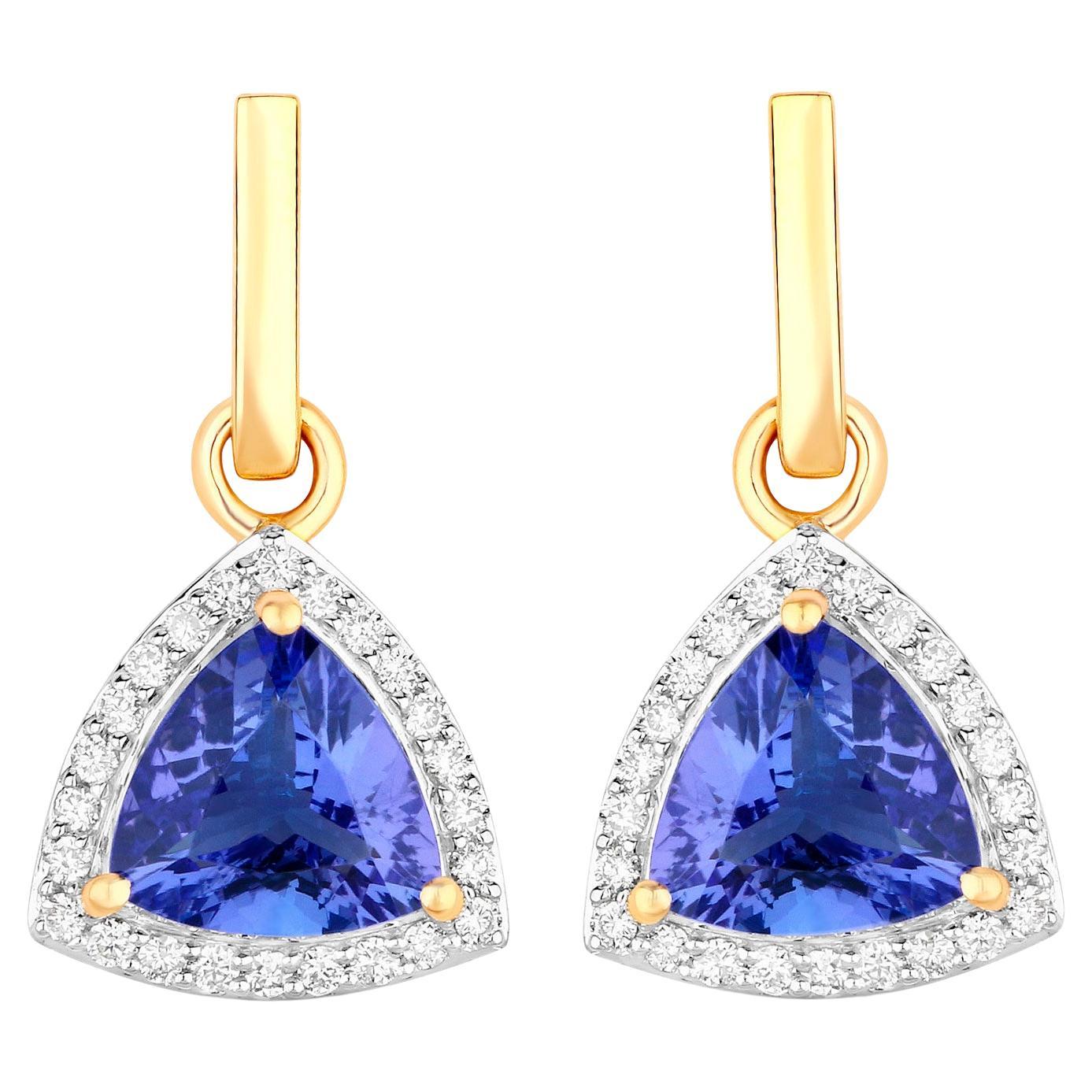 Tanzanite Dangle Earrings With Diamonds 3.86 Carats 14K Yellow Gold