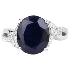 Blue Sapphire Ring With Diamonds 6.5 Carats 14K White Gold