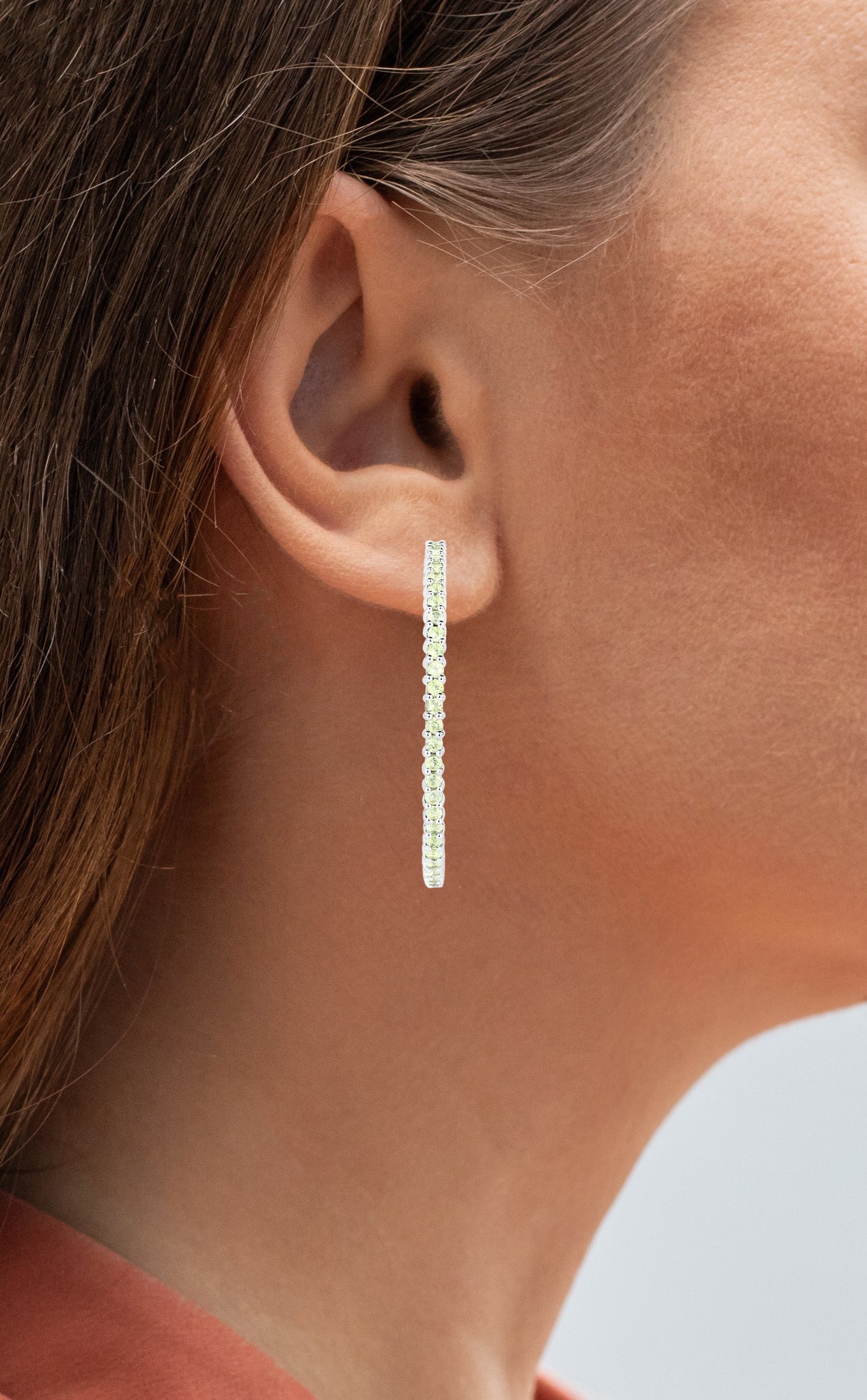 Natural Peridot Hoop Earrings Total 3.50 Carats Rhodium Plated Silver