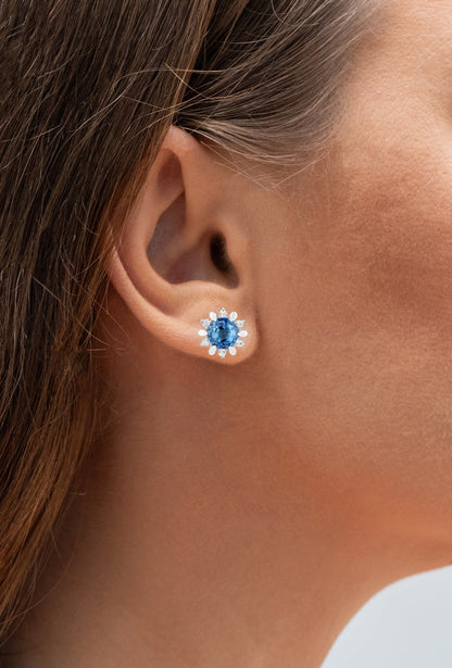 Natural Blue Sapphire and Diamond Stud Earrings Total 1.90 Carats 14K White Gold